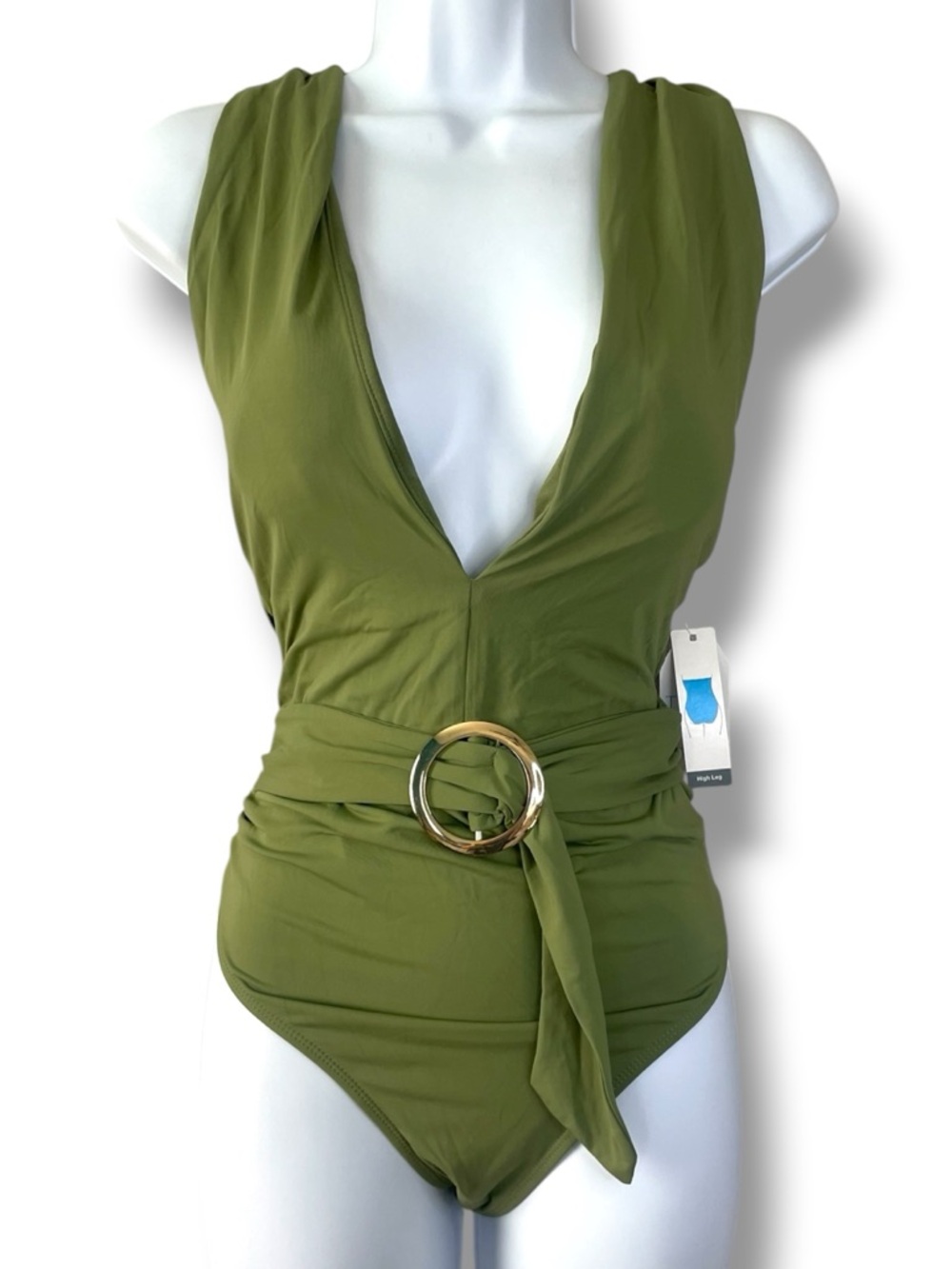 Olive Green One Piece Swimsuit High Plunge Belted Wrap 12-14 NWT Time and Tru